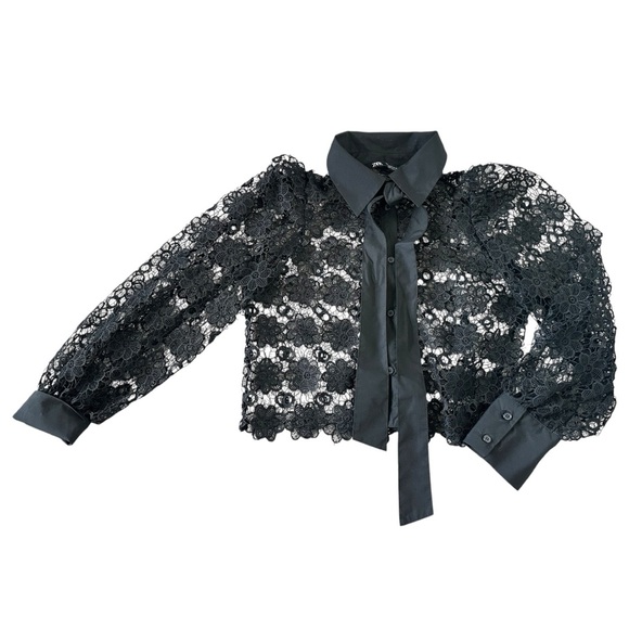 Zara Tops - Zara Black Lace Collared Neck Tie Blouse